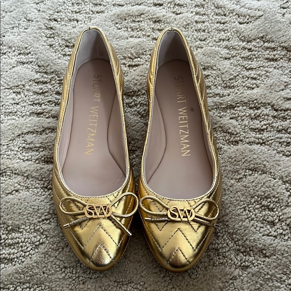 Stuart Weitzman Gold Quilted Bow Ballet Flats